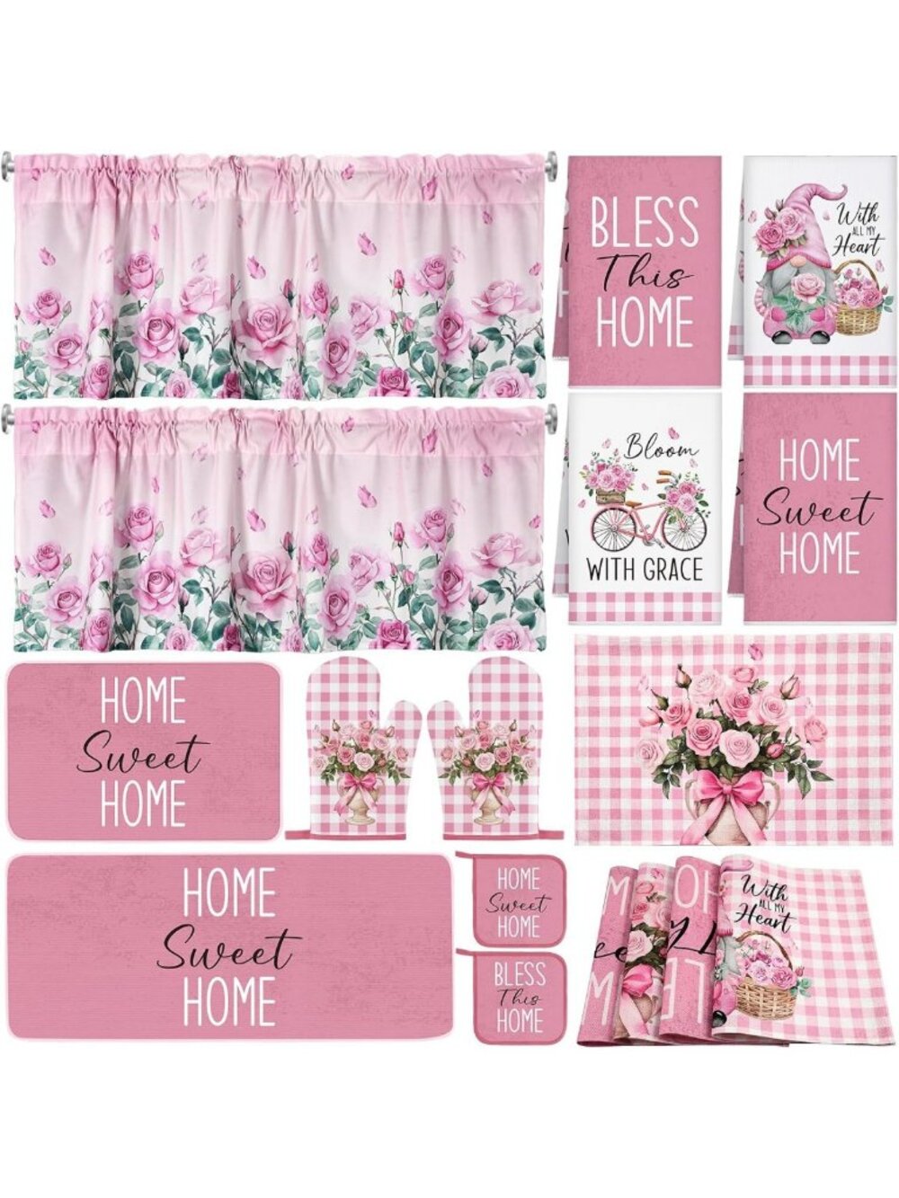 16 Pcs Pink Rose Kitchen Decor Set - Towels, Placemats, Rugs, Mitts & Curtains